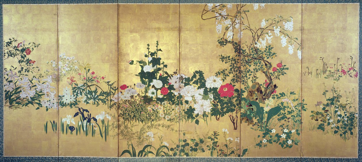 Flowers of the Four Seasons (blæk & wc på bladguld papir) af Watanabe Shiko