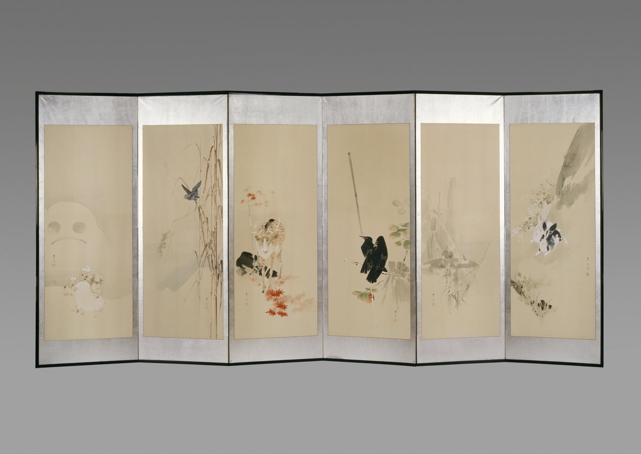 Foldeskærm: Flowers of the Tolv Months, ca. 1900 (blæk og farve på papir) af Watanabe Seitei