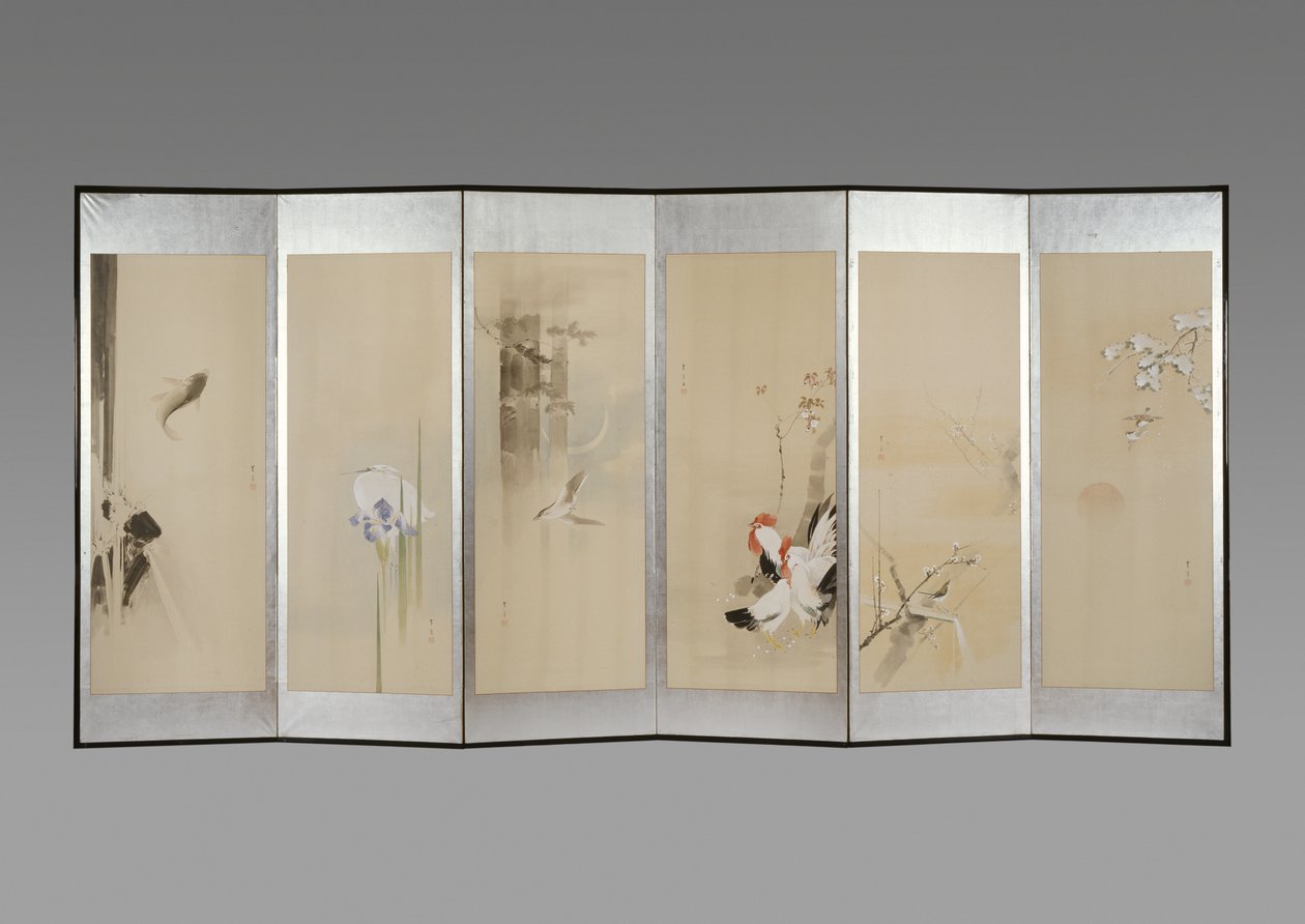 Et par foldeskærme: Flowers of the Tolv Months, ca. 1900 (blæk og farve på papir) af Watanabe Seitei