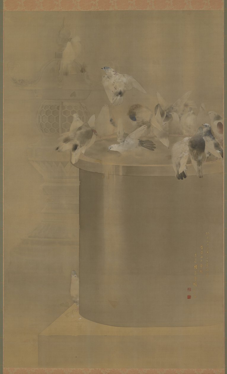 Duer ved Senjoji (Asakusa Kannon-templet), Meiji-æraen, 1877 (blæk og farve på silke) af Watanabe Seitei