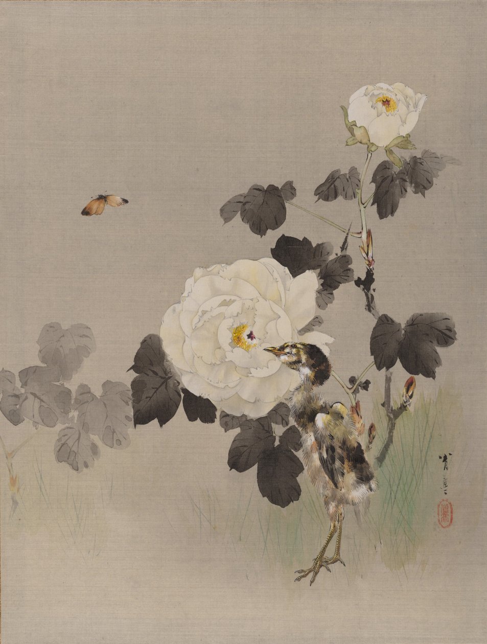 Roser, ungfugl og en sommerfugl, ca. 1887. af Watanabe Seitei