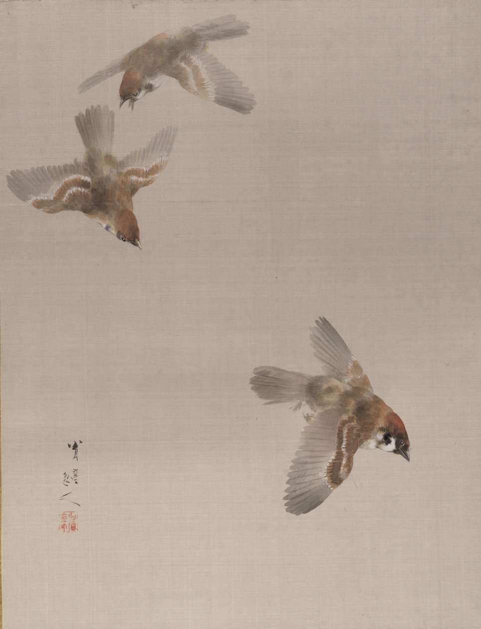 Sparrows Flying, ca. 1887. af Watanabe Seitei