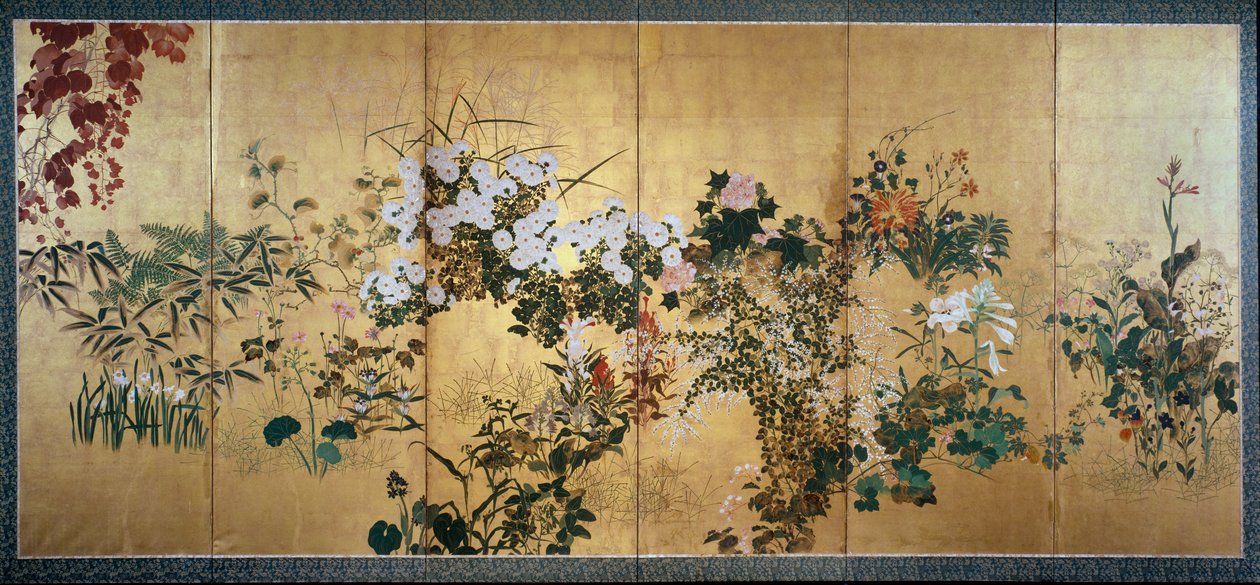 Skærme med efterårs- og vinterblomster, tidligt 1700-tal af Watanabe Shiko