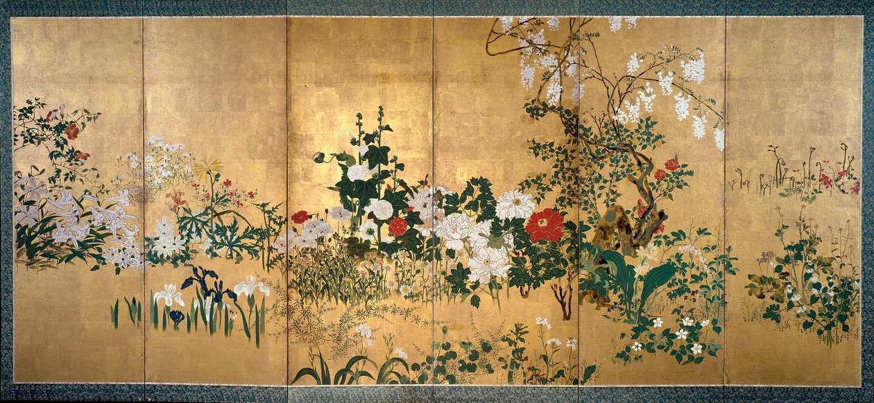 Skærme med forårs- og sommerblomster, tidligt 1700-tal af Watanabe Shiko