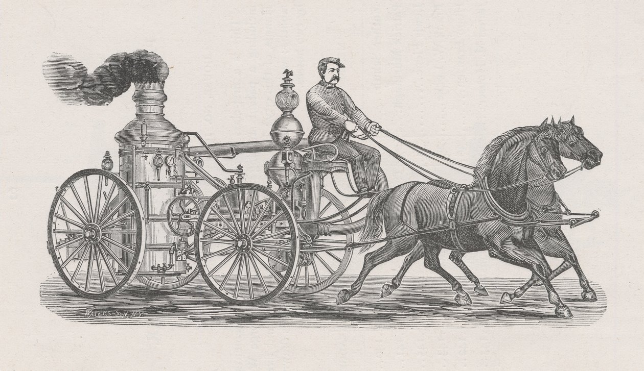 Illustration af damper R.A. Williams nr. 17 brandbil, fra rapport fra politistyrelsen, i brandvæsenet, til fællesrådet i Chicago, s. 60., 1872 (træstik) af Waters and Son Waters and Son