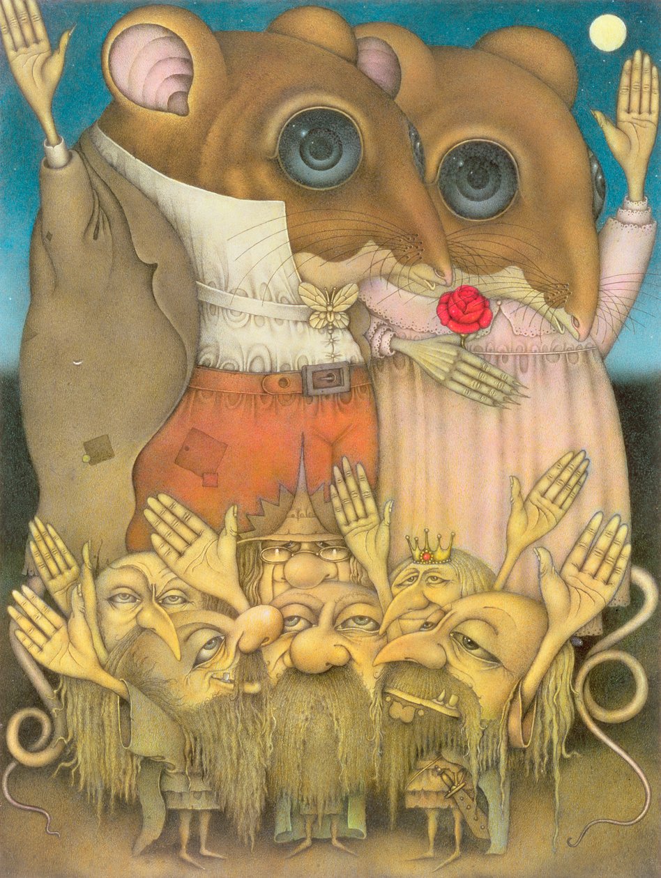 Mouse Couple and Dwarves Waving (blyant og farvekridt på papir) af Wayne Anderson