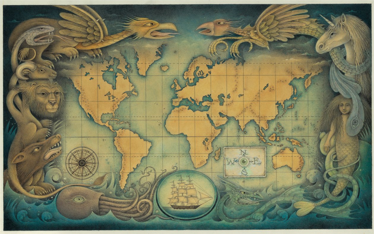Verdenskortet over fantasivæsener, 2008 (blandede medier på kunstplade) af Wayne Anderson