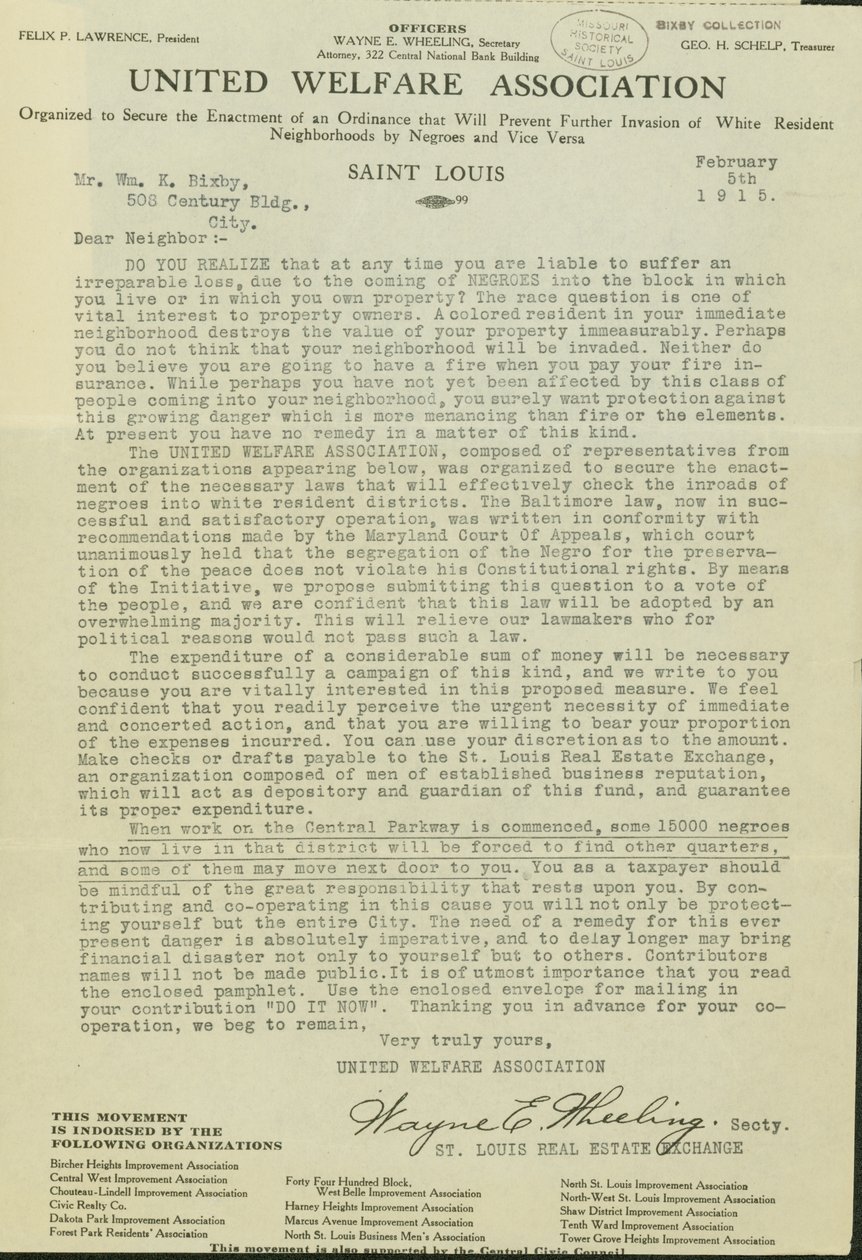 Brev fra Wayne E. Wheeling, United Welfare Association, til Dear Neighbor, 5. februar 1915 af Wayne E. Wheeling