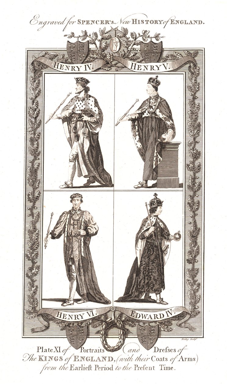 Portrætter og kjoler af The Kings of England med våbenskjolde, 1784 af Webley and Scott Ltd