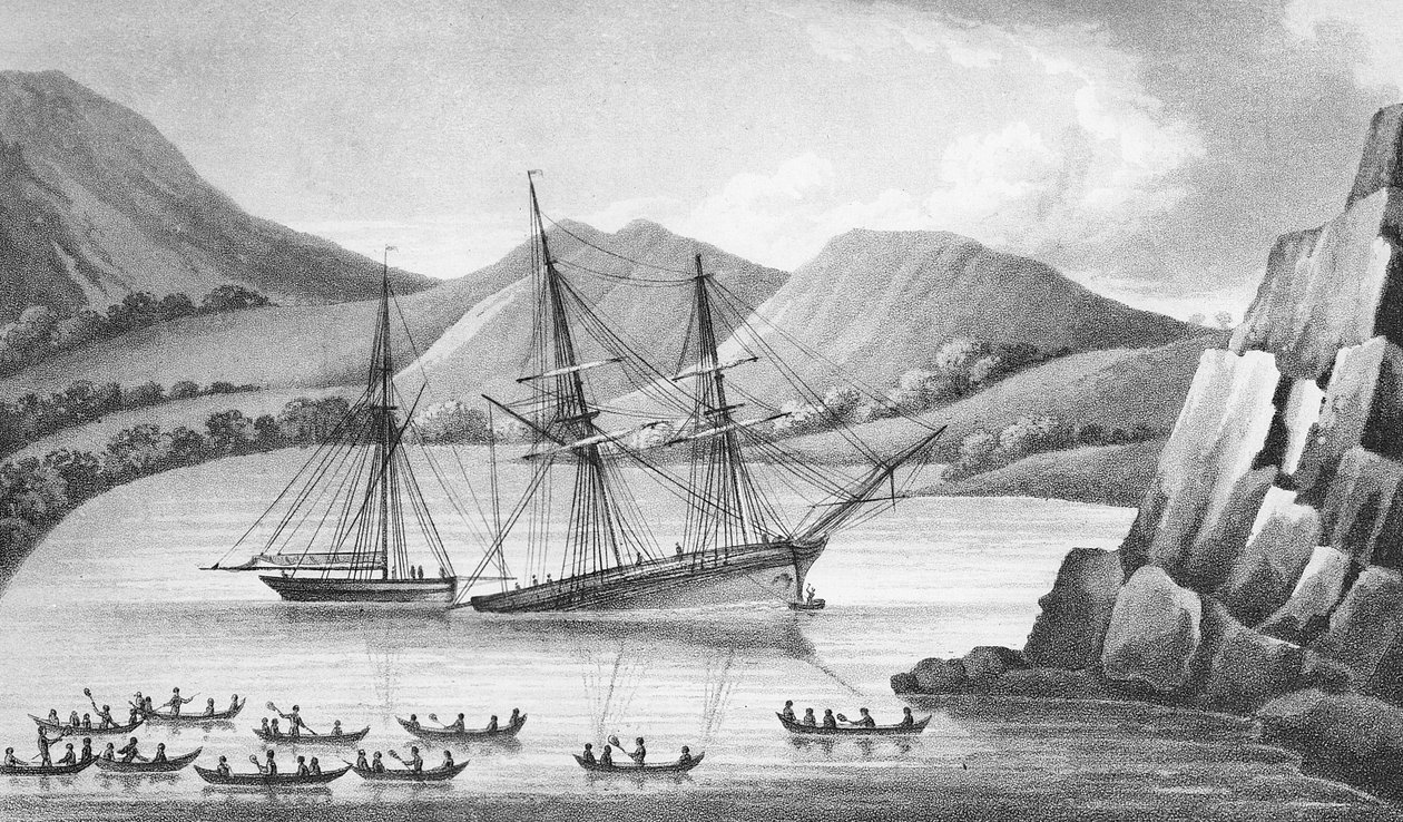 Brig Jane og Cutter Beaufoy passerer gennem en kæde af isøer, 1826 af Weddell