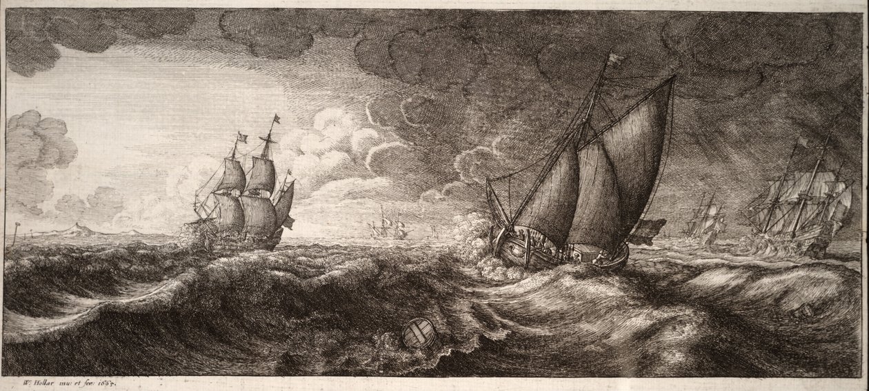 En yacht og tre krigsskibe i en storm. Stat 1 af Wenceslaus Hollar