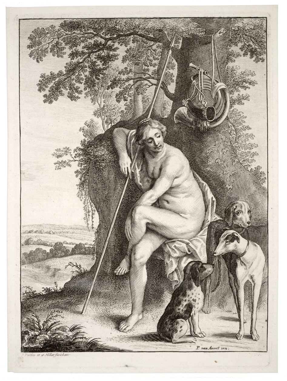 Siddende jægerinde, efter Avont. Stat 3 af Wenceslaus Hollar