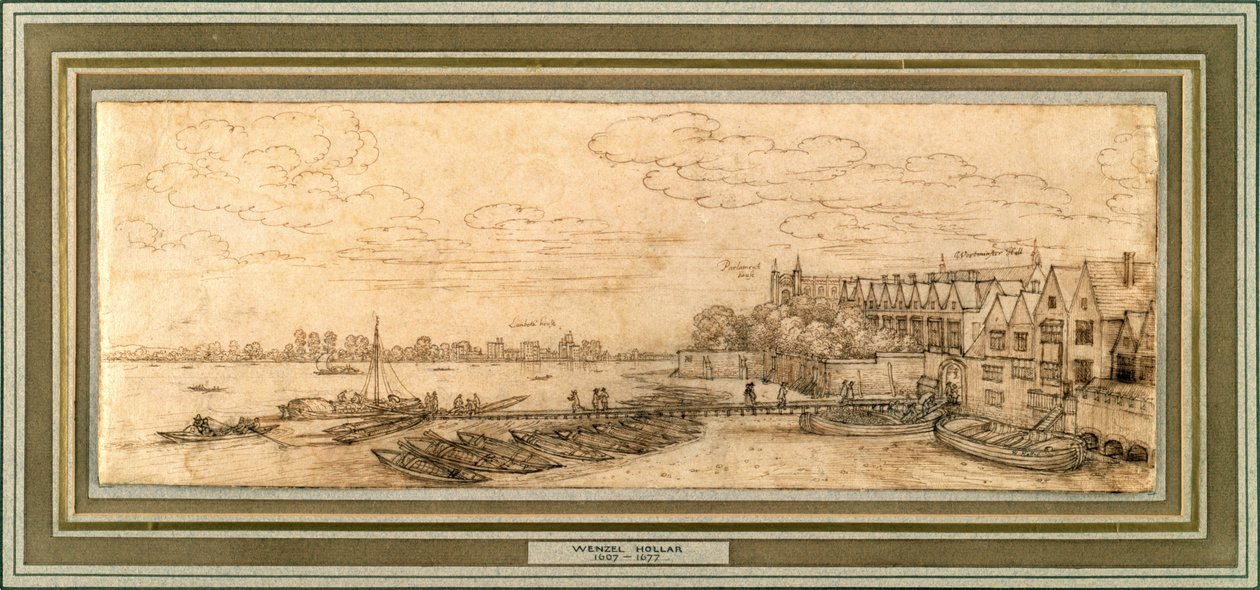 Themsen under Westminster Pier, ca. 1638 (pen og brunt blæk på papir) af Wenceslaus Hollar