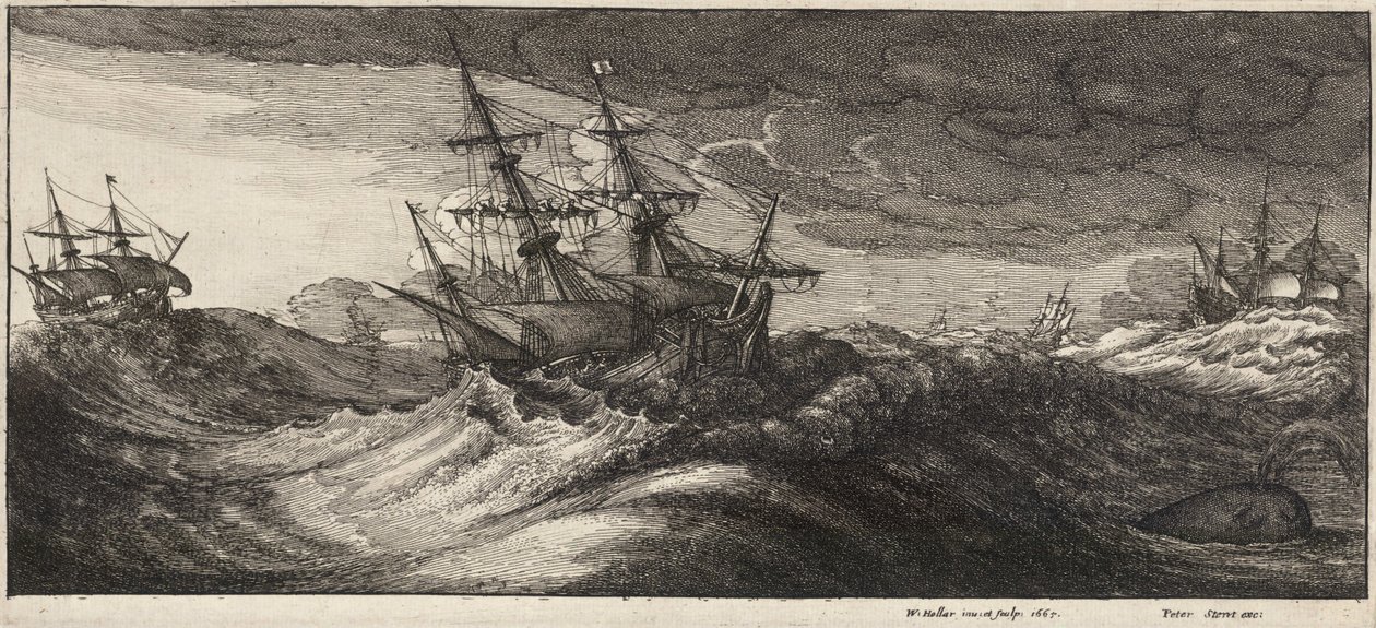 Krigsskibe og en tudende hval. Stat 2 af Wenceslaus Hollar