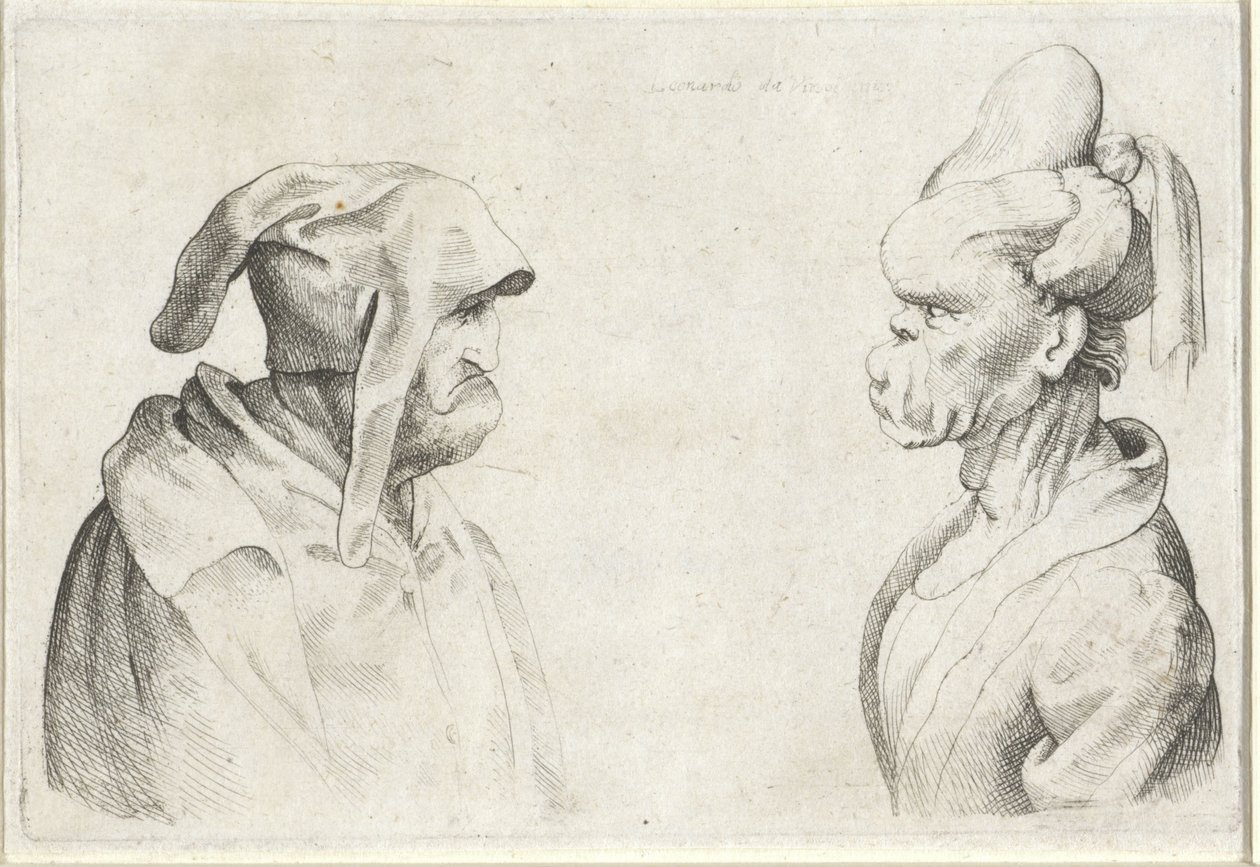 Deforme hoveder af en mand med en floppy hat og en kvinde med bundet hår Varie figurae et probae (serietitel) Karikaturer, hoveder og deformiteter efter Leonardo da Vinci (serietitel) af Wenceslaus Hollar (attributed to)