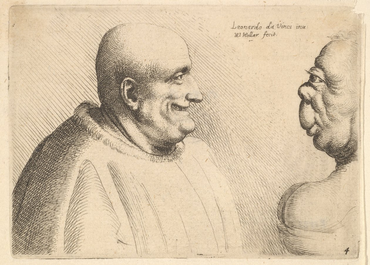 En stor mand med skaldet hoved vendt mod en grotesk kvinde, 1625-77. af Wenceslaus Hollar