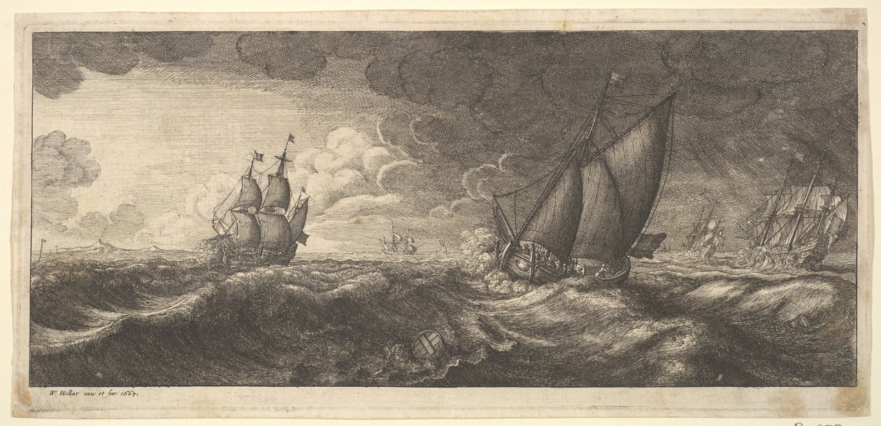 En yacht og tre krigsskibe i en storm, 1665. af Wenceslaus Hollar