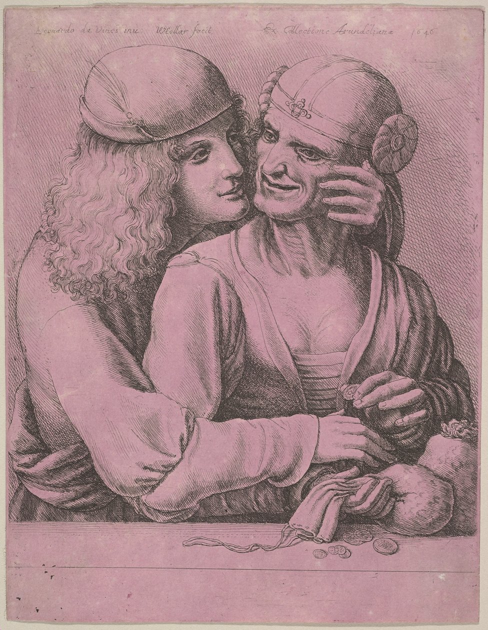 En ung mand, der kærtegner en gammel kvinde, 1646. af Wenceslaus Hollar