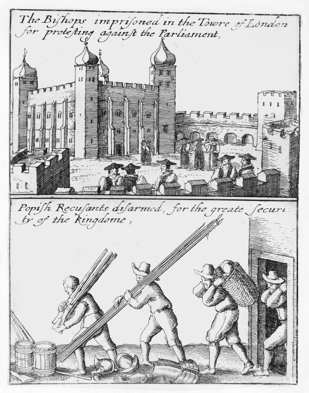 Biskopper fængslet i Tower of London; Popiske rekusanter afvæbnet af Wenceslaus Hollar