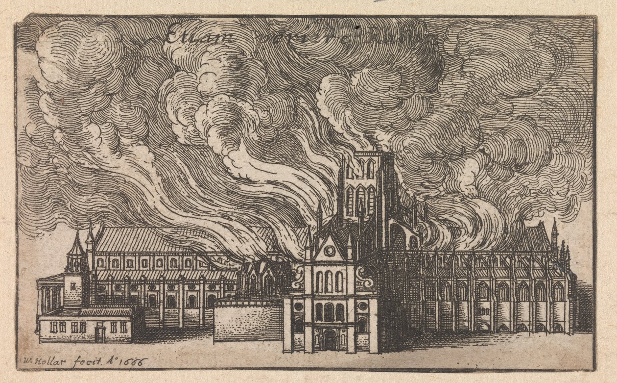 Nedbrændingen af den gamle St. Paul’s-katedral under den store brand i London af Wenceslaus Hollar