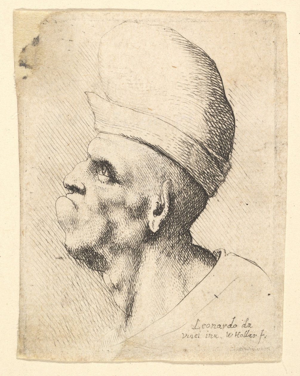 Buste af en deform mand iført løgformet hat i profil til venstre, 1625-77. af Wenceslaus Hollar