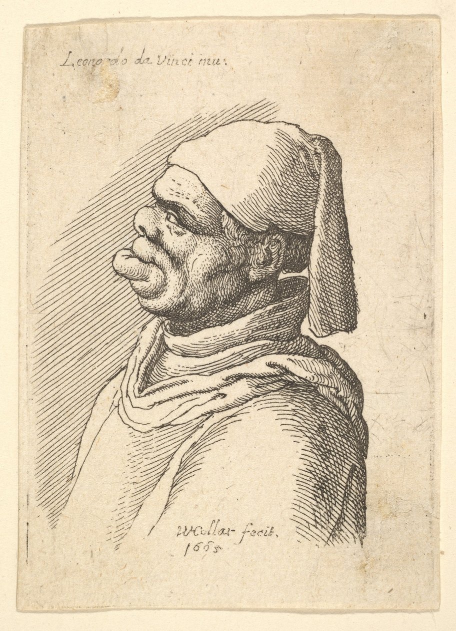 Buste af vanskabt mand med hat og fed, fremspringende underlæbe i profil til venstre, 1625-77. af Wenceslaus Hollar
