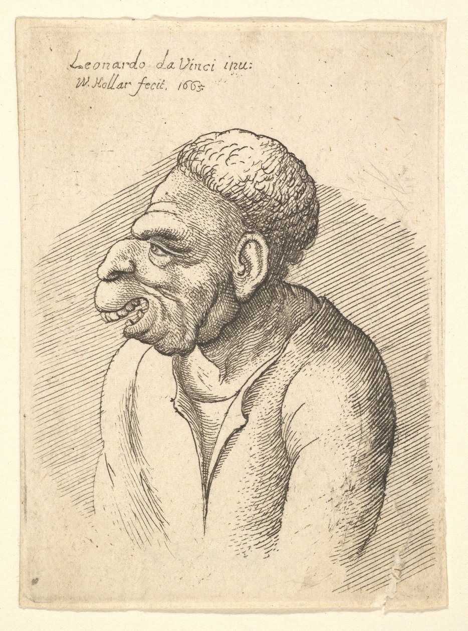 Buste af en mand med kroget næse, fremtrædende overlæbe, åben mund og kort krøllet hår..., 1665. af Wenceslaus Hollar
