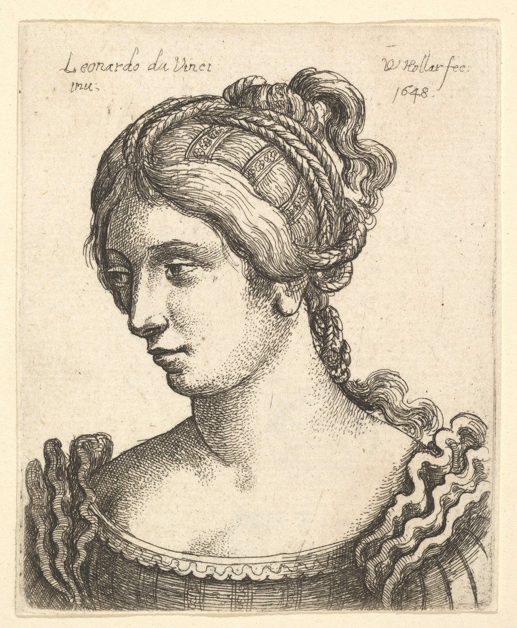 Buste af en kvinde, der kigger nedad mod venstre med kunstfærdigt dekoreret hår, 1648. af Wenceslaus Hollar
