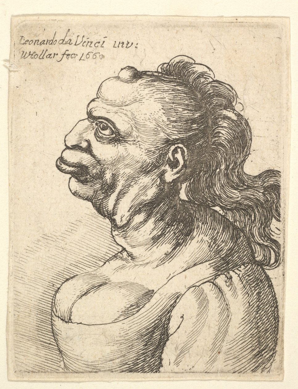 Buste af en kvinde iført lav-cut kjole, med fremspringende læbe, vækst på panden, promi..., 1660. af Wenceslaus Hollar