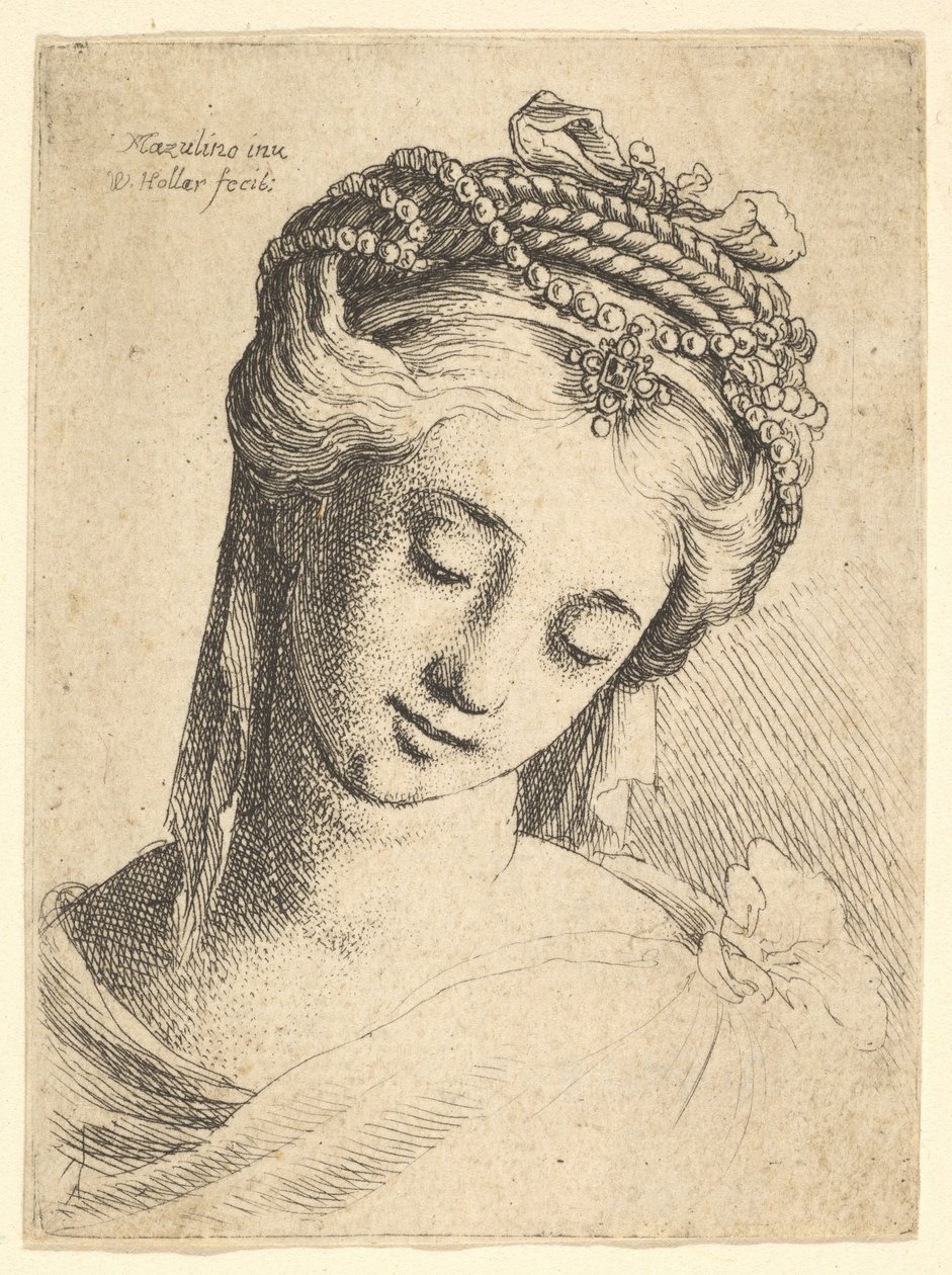 Buste af en ung kvinde med kunstfærdig hovedbeklædning, kigger ned., 1625-77. af Wenceslaus Hollar