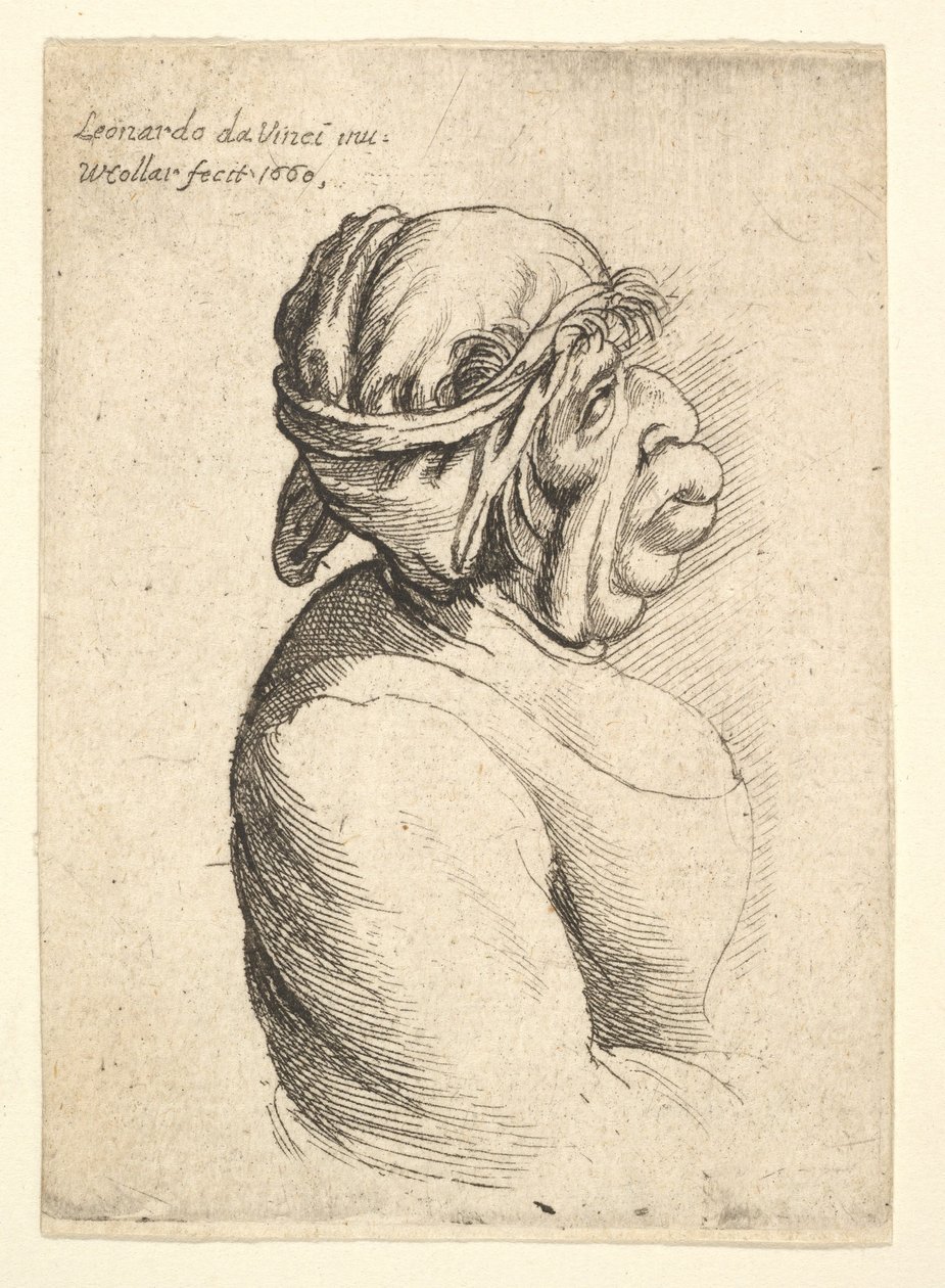 Buste af kvinde med udstående mund iført lavtskåren kjole og tøj bundet om hendes hoved..., 1660. af Wenceslaus Hollar