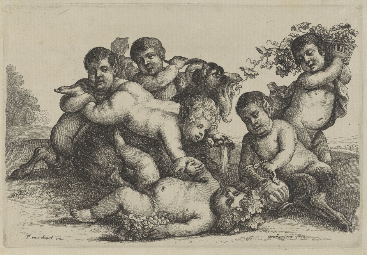 Tre små drenge, to satyrer og en bacchant en ged Putti og Satyrer (serietitel) af Wenceslaus Hollar