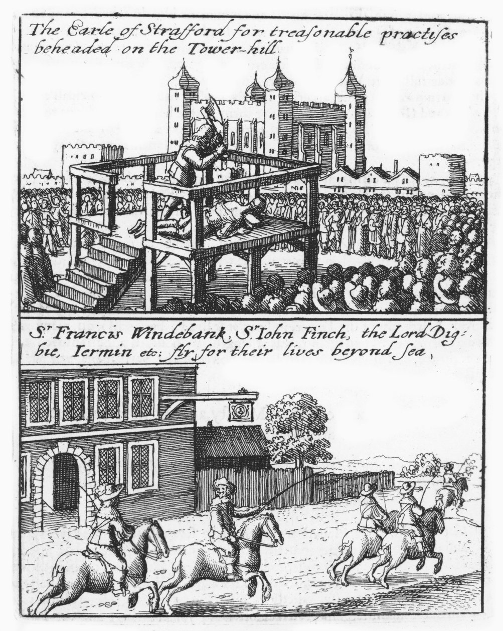 Jarl af Stafford halshugget på Tower Hill; Sir Francis Windebank, Sir John Finch og Lord Digby flygter fra England af Wenceslaus Hollar