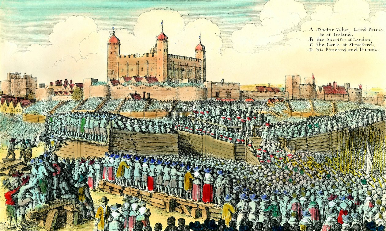 Første engelske revolution (1641-1649): henrettelse af den engelske politiker Thomas Wentworth de Strafford (1593-1641) den 12/05/1641 ved Tower Hill i London. Gravering af Wenceslaus Hollar (1607-1677) 1600-tallets privatsamling af Wenceslaus Hollar