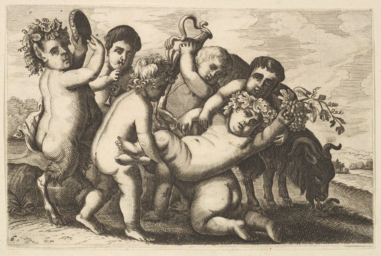 Fem drenge, to satyrer og en gedekopi, 1600-tallet. af Wenceslaus Hollar
