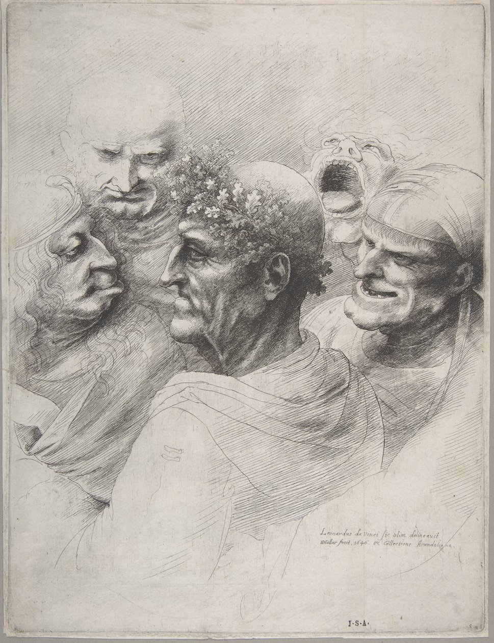 Fem groteske hoveder, inklusive en ældre mand med en egebladkrans, 1646., 1646. af Wenceslaus Hollar