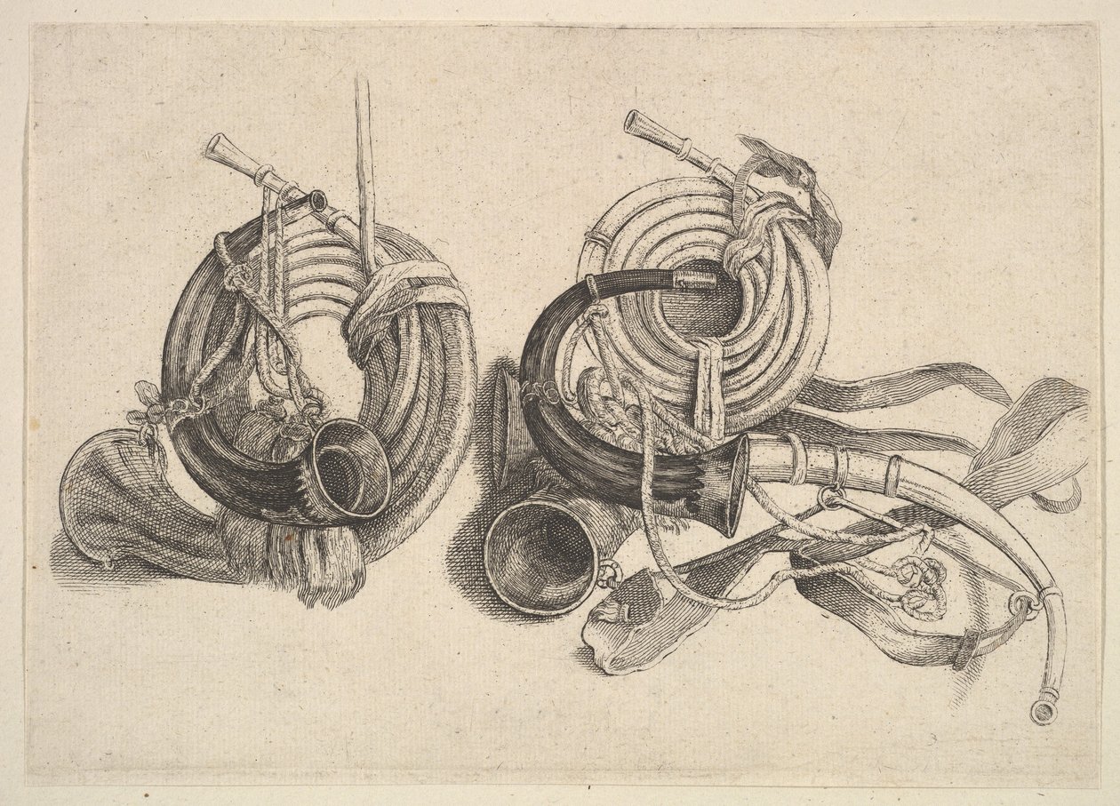 Fem jagthorn, 1625-77. af Wenceslaus Hollar