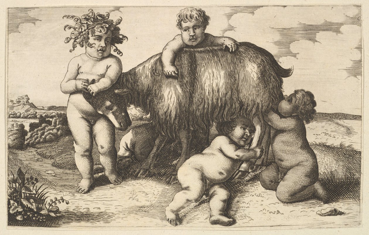 Fire drenge, en ung satyr og en gedekopi omvendt, 1600-tallet. af Wenceslaus Hollar