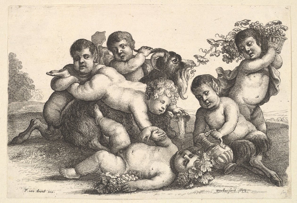 Fire drenge, to satyrer og en ged, 1654. af Wenceslaus Hollar