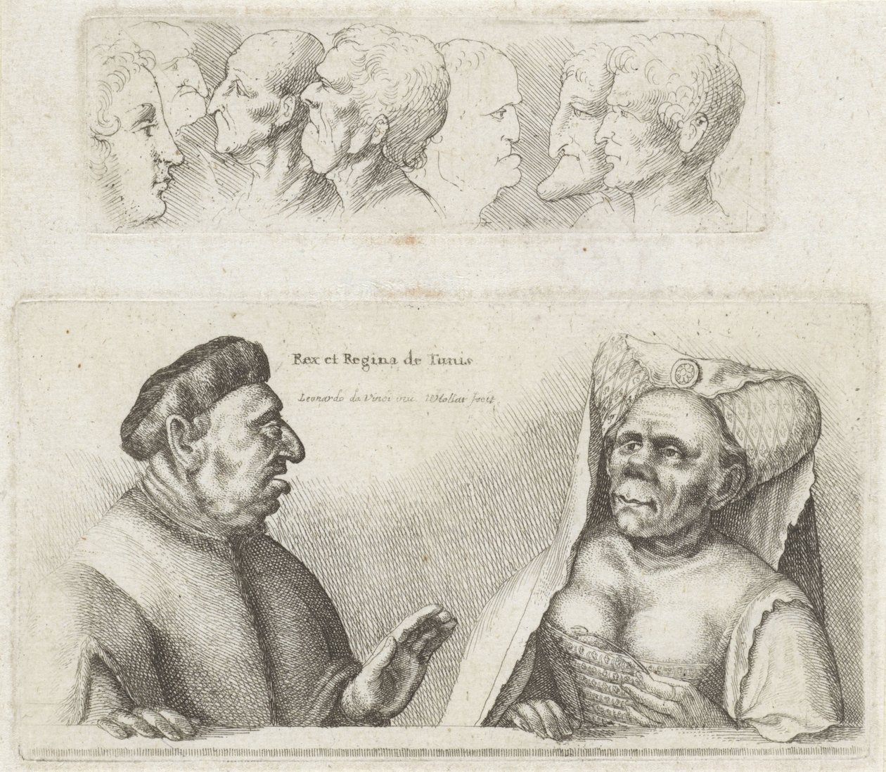Frisisk med studiehoveder / karikaturer af kongen og dronningen af ​​Tunesien Rex et Regina de Tunis (titel på objekt) Varie figurae et probae (serietitel) Karikaturer, hoveder og deformiteter efter Leonardo da Vinci (serietitel) af Wenceslaus Hollar
