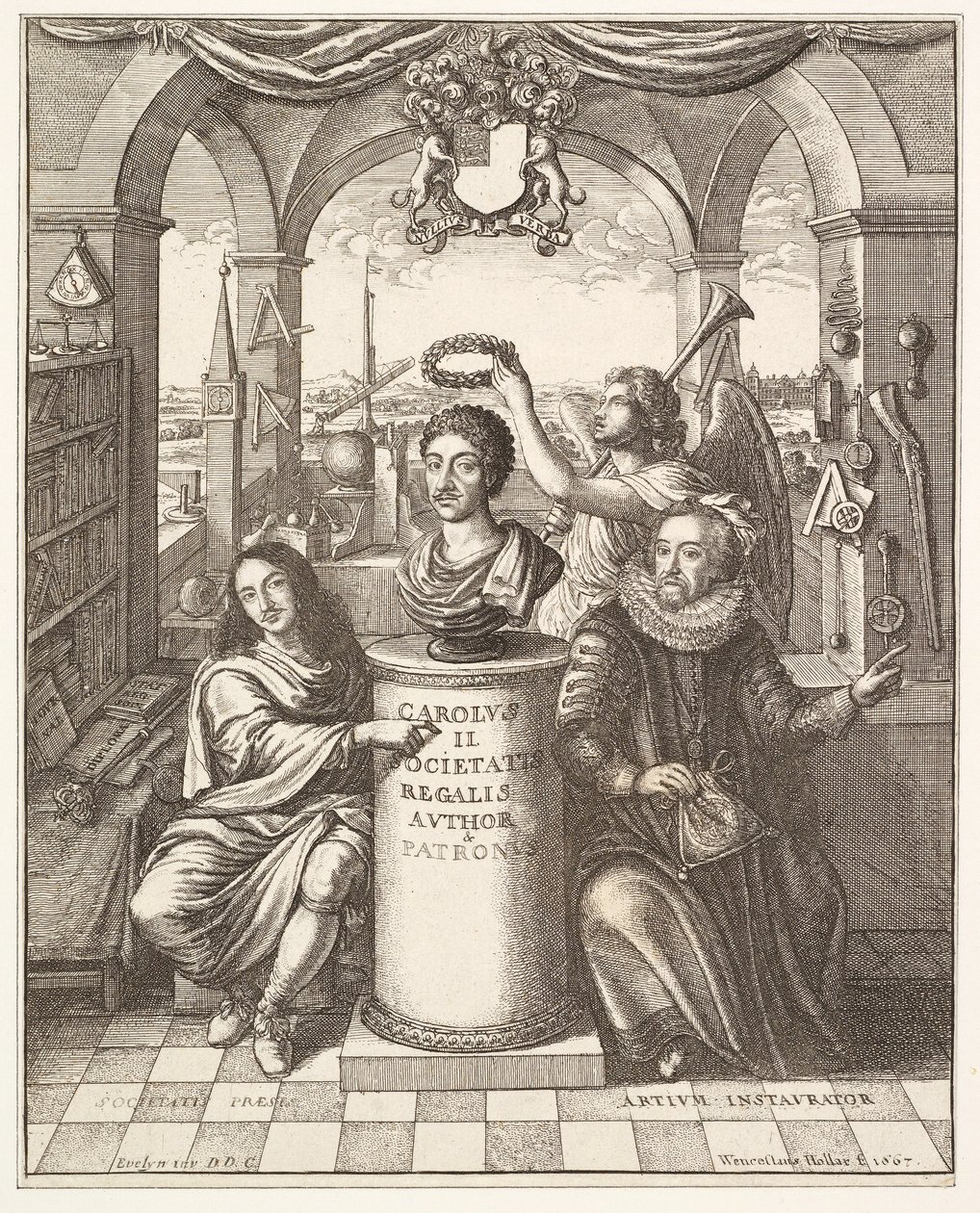 Frontispice af The History of the Royal Society of London af Thomas Spratt, pub. 1702 af Wenceslaus Hollar