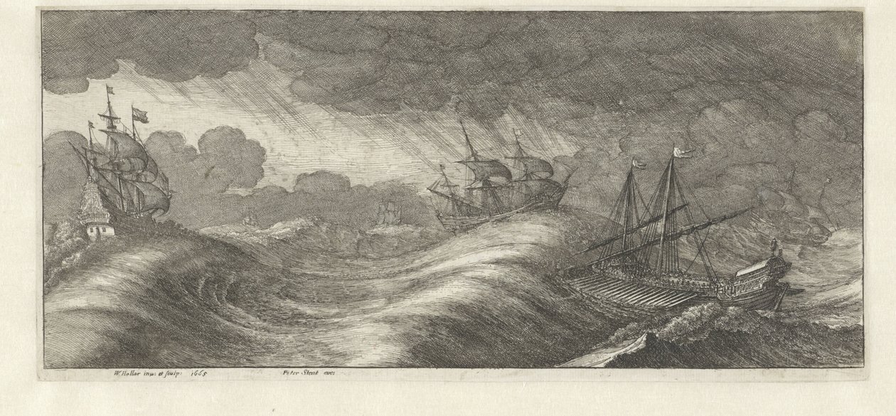 Galley og andre skibe i en havstorm Havstorme (serietitel) af Wenceslaus Hollar