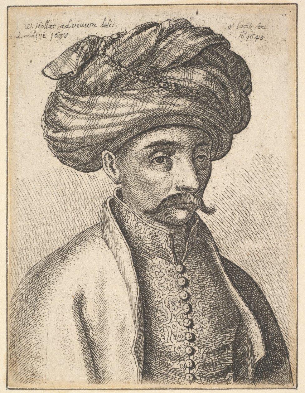 Hoved og skuldre af en tyrker, med overskæg og stor turban, 1645. af Wenceslaus Hollar