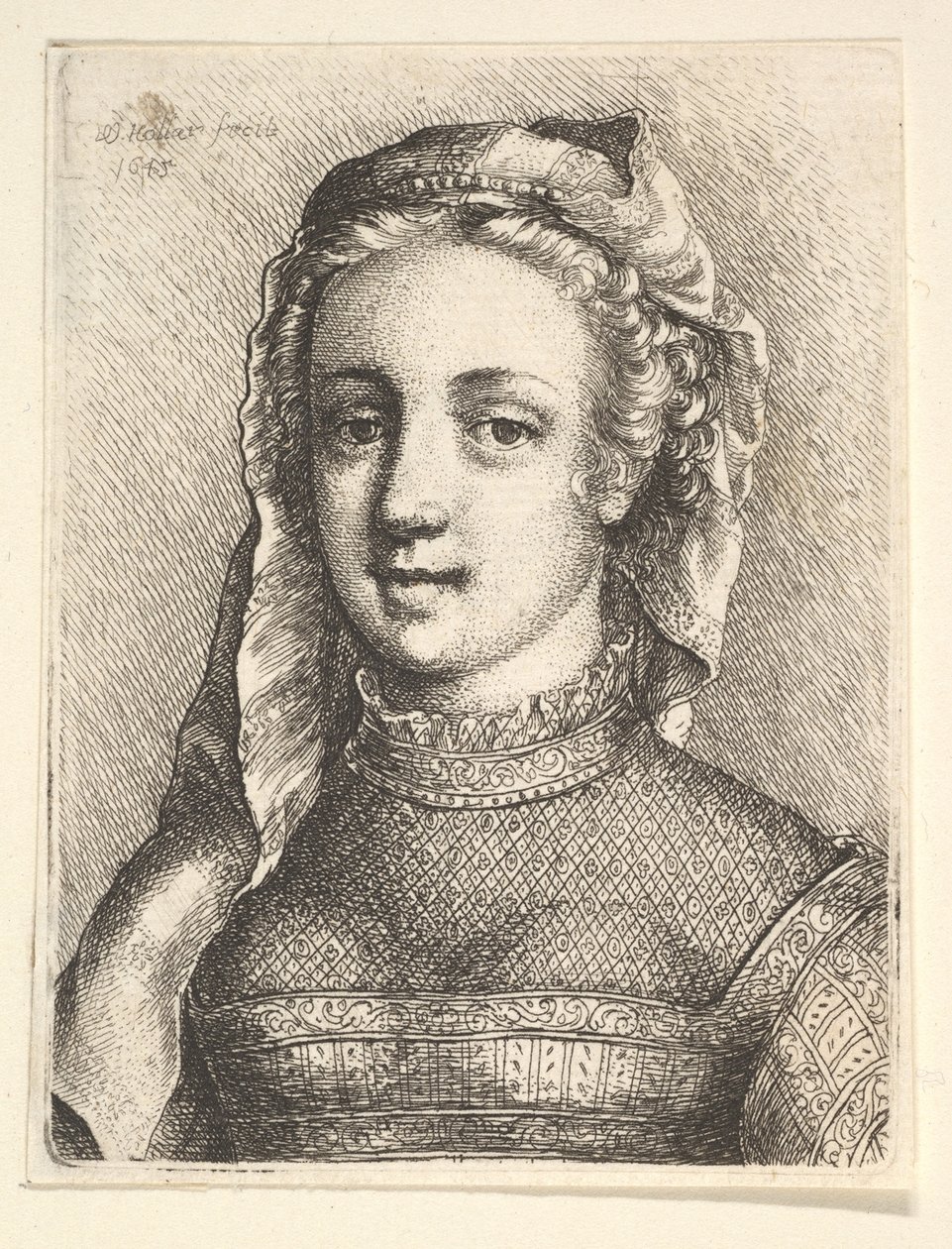 Hoved og skuldre af en kvinde med slør og diaphanous halsbeklædning, 1645. af Wenceslaus Hollar