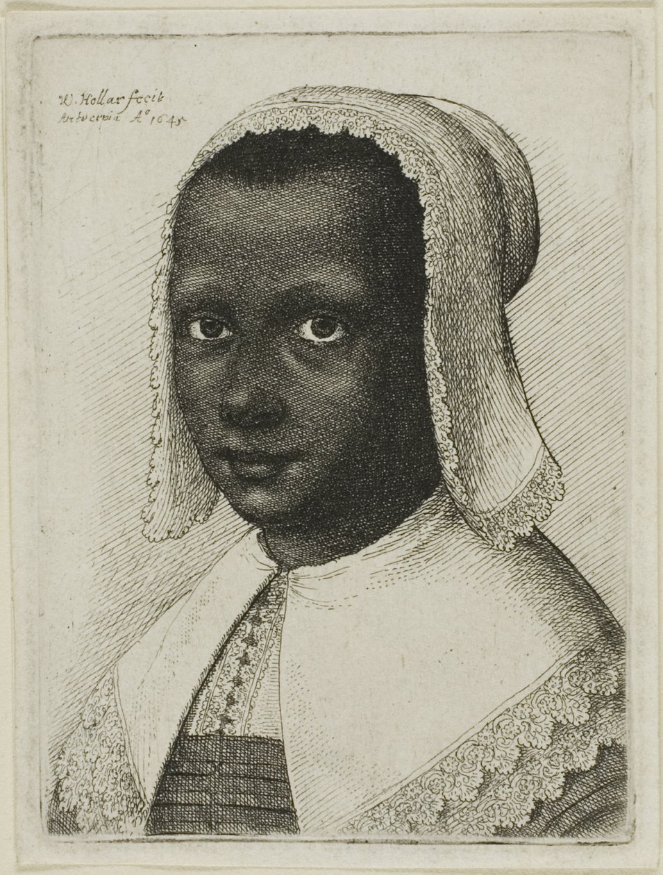 Hovedet af en sort kvinde med en blondetørklædehat af Wenceslaus Hollar