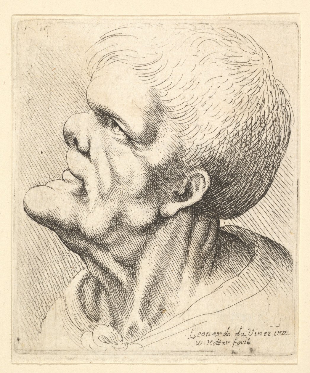Hovedet af en mand med udstående hage og næse, der ser opad i profil til venstre, 1625-77. af Wenceslaus Hollar