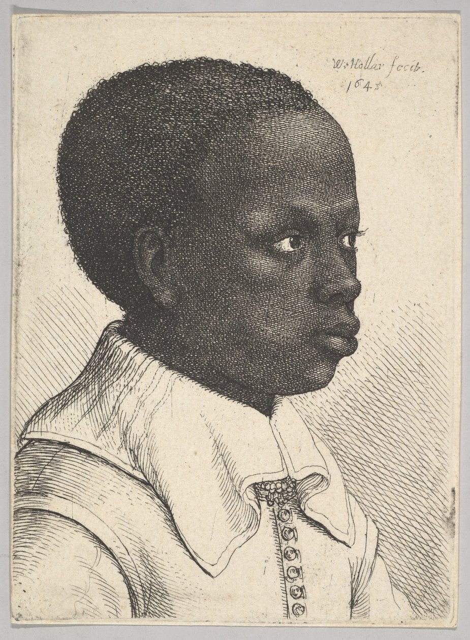 Hovedet af en ung sort dreng i profil til højre, 1645. af Wenceslaus Hollar