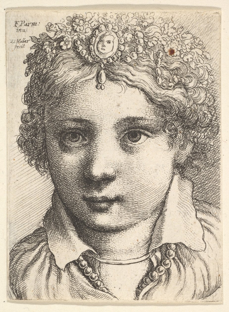 Hovedet af en ung pige iført en smykkebeklædt hovedbeklædning, ca. 1645. af Wenceslaus Hollar