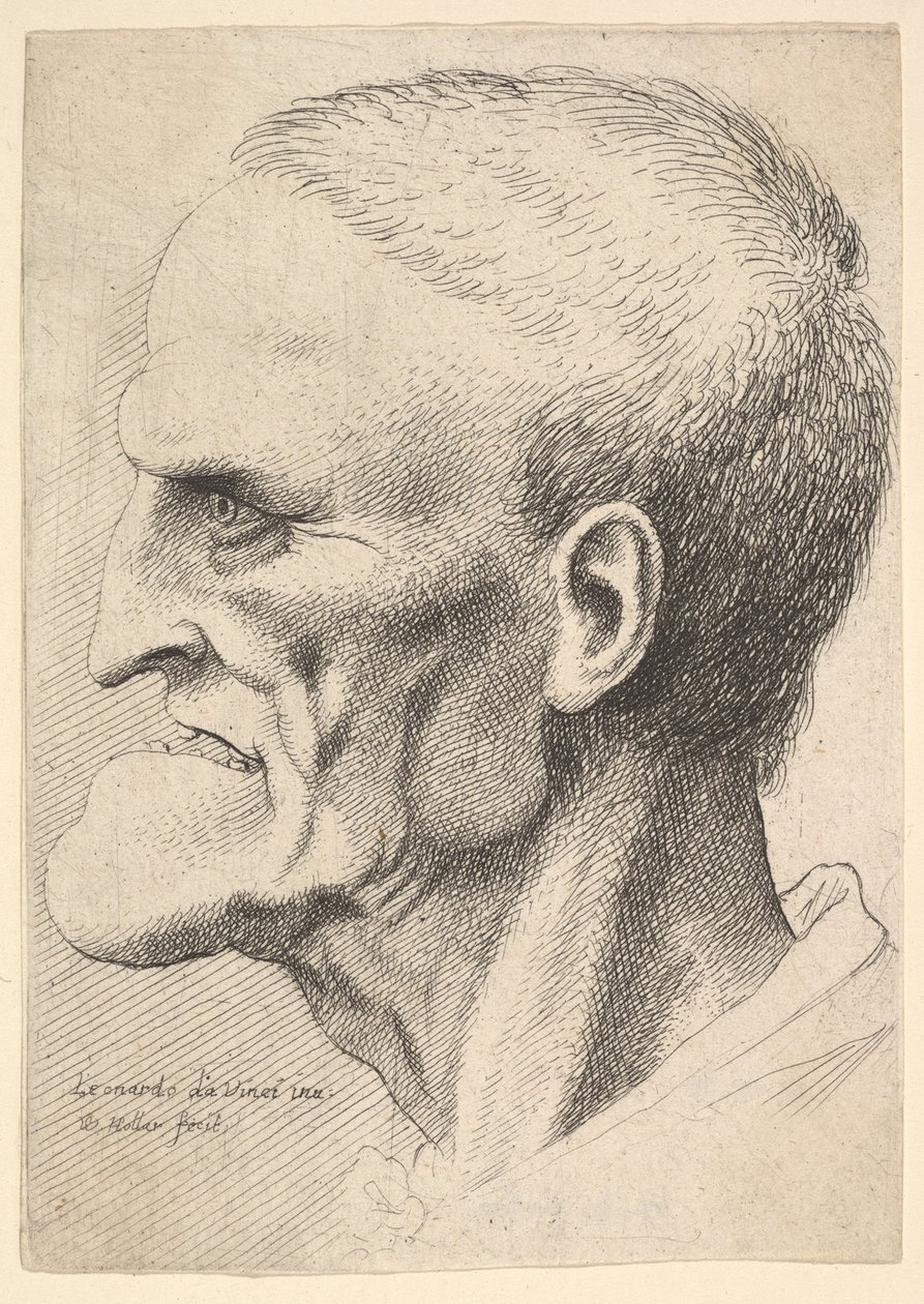 Hoved af en gammel mand med en udtalt hage, kort afskåret hår og gabende mund, der viser ..., 1625-77. af Wenceslaus Hollar