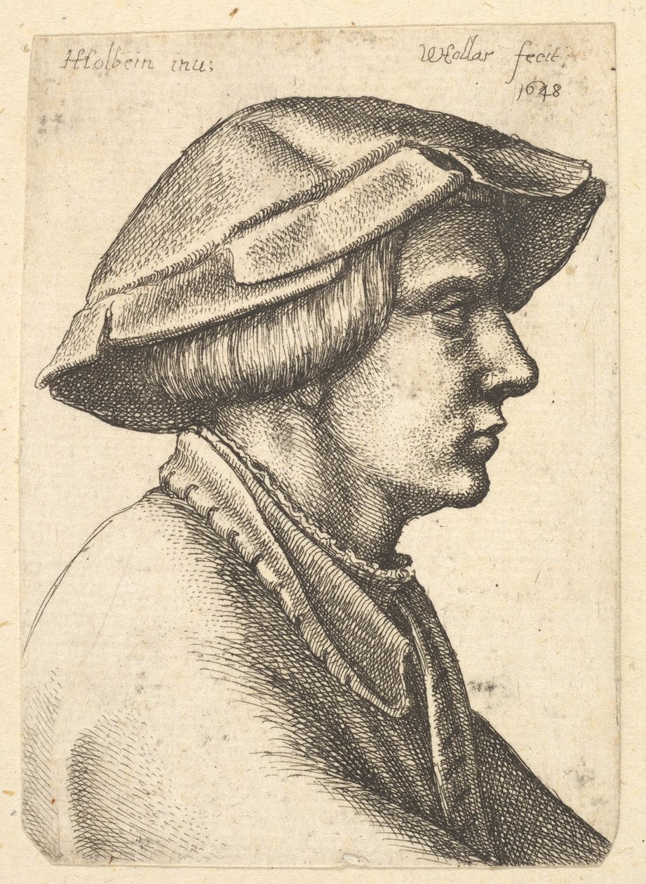 Hoved af ung mand iført hat i profil til højre, 1648. af Wenceslaus Hollar